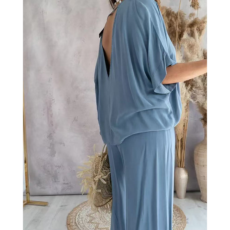 Women's 2 Piece Outfit, Casual Solid Color V-Neck Half Sleeve Top And Wide Leg Pants Lounge Set